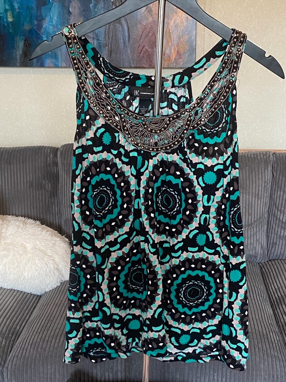 INC International Concepts Beaded Neckline Turquoise & Black Sleeveless Top